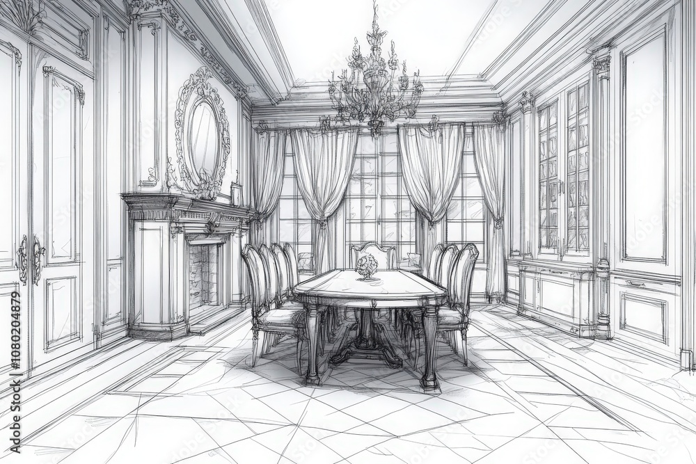 This technical drawing illustrates a sophisticated dining room layout with ornate details. A central table surrounded by chairs is complemented by a fireplace and decorative windows.