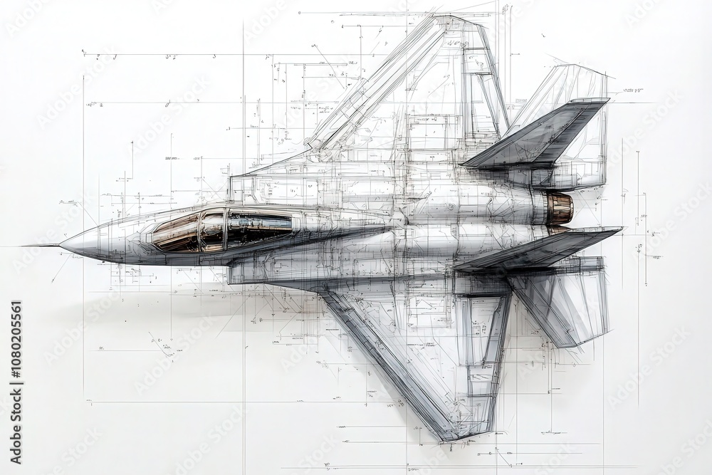 This technical sketch captures a detailed drawing of a jet fighter, highlighting its design features and engineering specifications. The blueprint showcases the aircrafts dimensions and components.