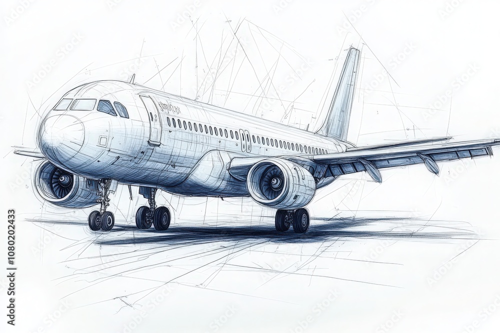 This technical sketch depicts a meticulously detailed airplane design, highlighting essential features of commercial aviation.