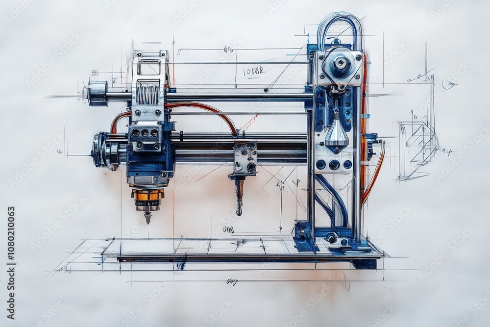 This technical sketch displays a printer design with precise components, highlighting its intricate mechanics and layout, crucial for grasping its functionality and engineering.