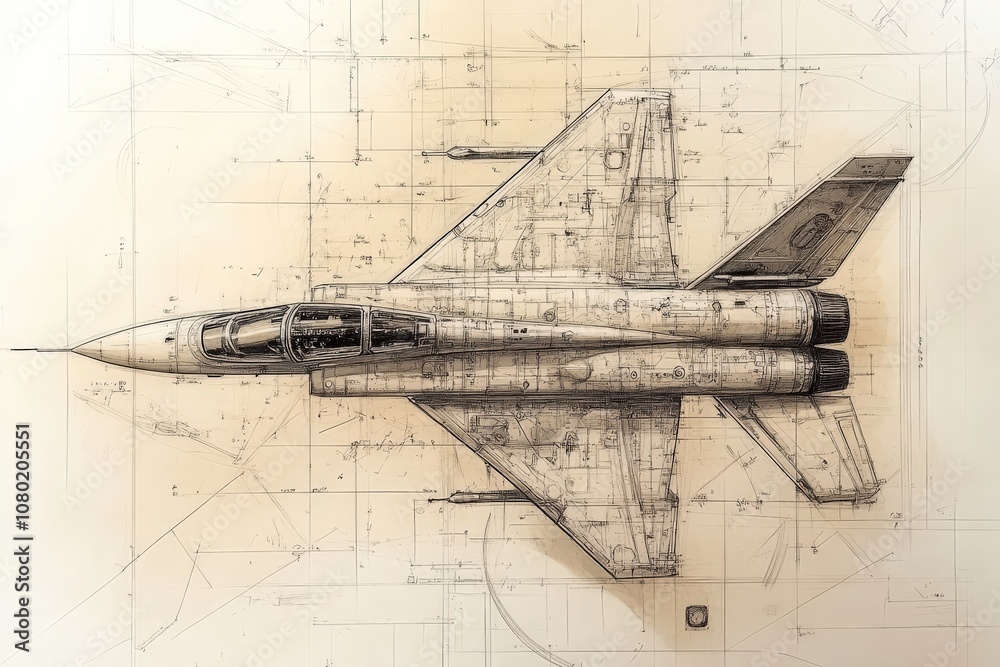 This technical sketch features a jet fighter viewed from above, illustrating intricate design elements and precise measurements.