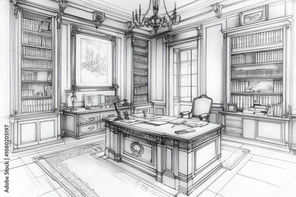This technical sketch features a sophisticated home office with a large desk, built-in bookshelves, and an inviting atmosphere. The design includes ornate details and ample workspace.