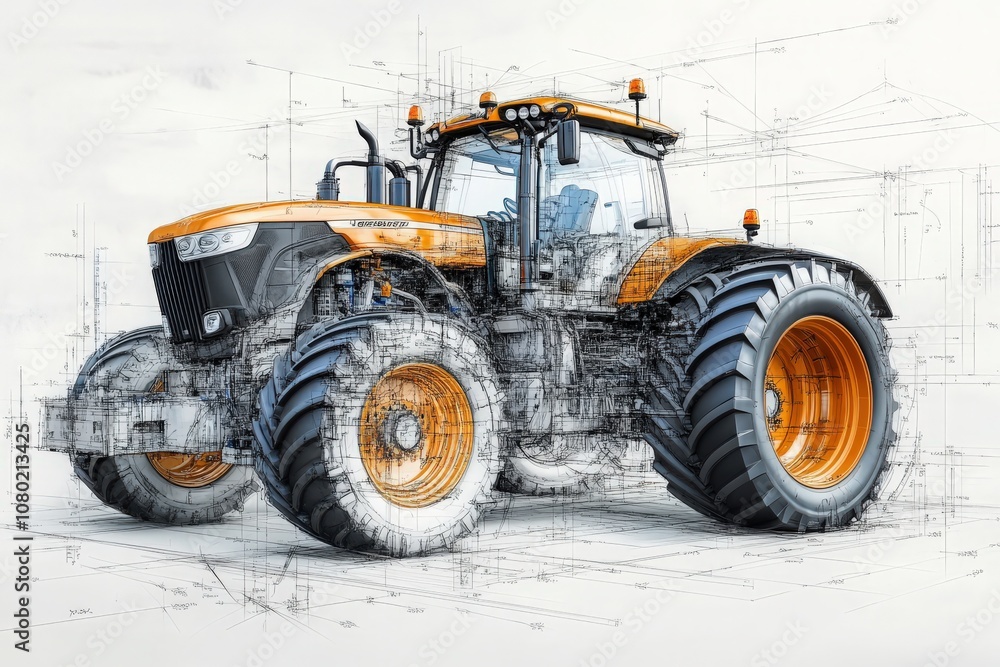 This technical sketch highlights the design of a modern agricultural tractor, illustrating its structure, features, and engineering details in a precise and artistic style.