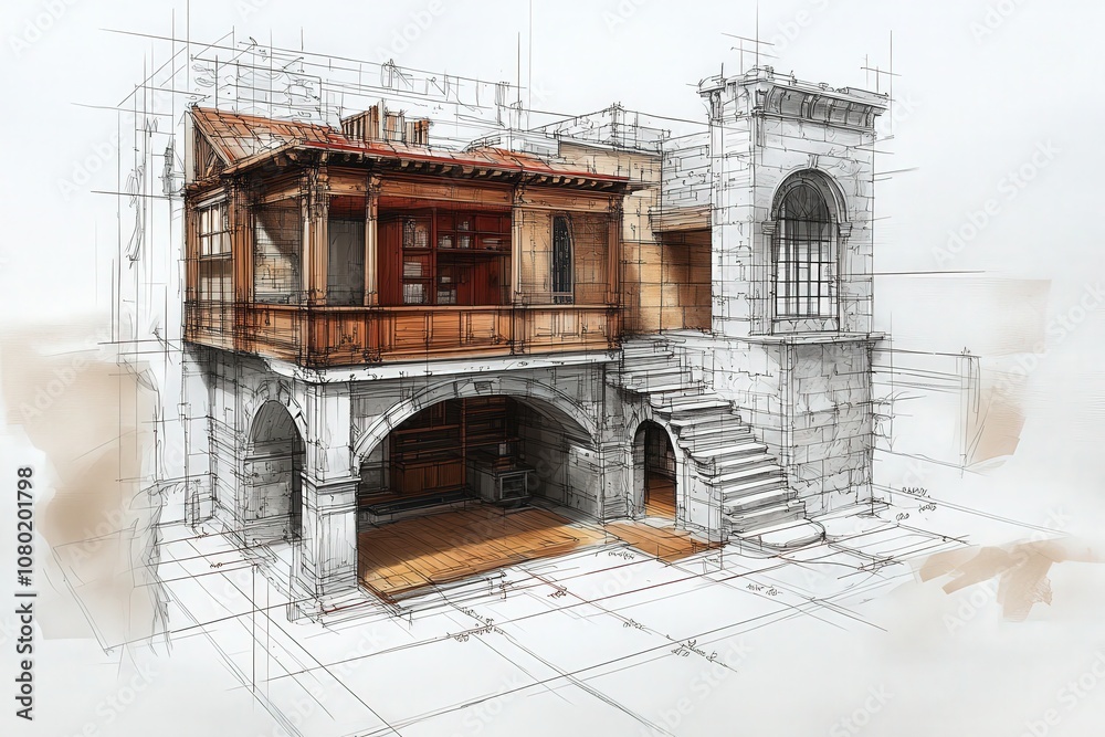 This technical sketch illustrates a basement layout, showcasing architectural features, stairs, and a detailed design. The drawing highlights the structure and spatial arrangement clearly.