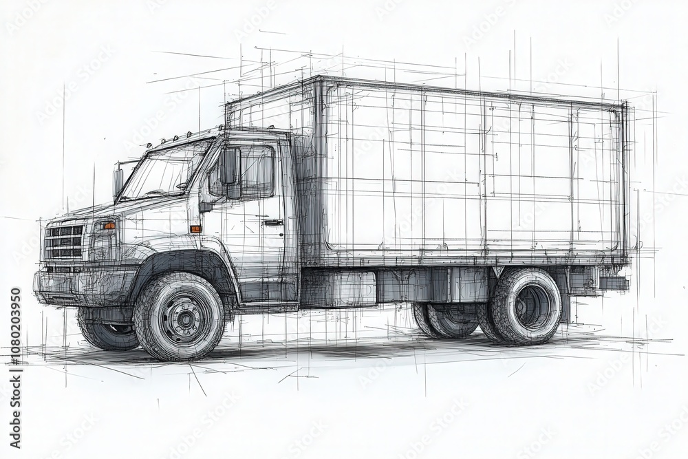 This technical sketch illustrates a delivery truck design, highlighting its dimensions, structure, and intended purpose for transporting goods efficiently. The drawing captures intricate details.