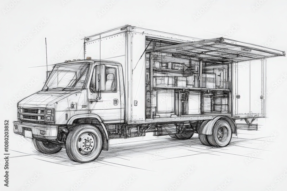 This technical sketch illustrates a delivery truck with its cargo area open, revealing shelves and storage features. The drawing emphasizes practical design and functionality for transporting goods.