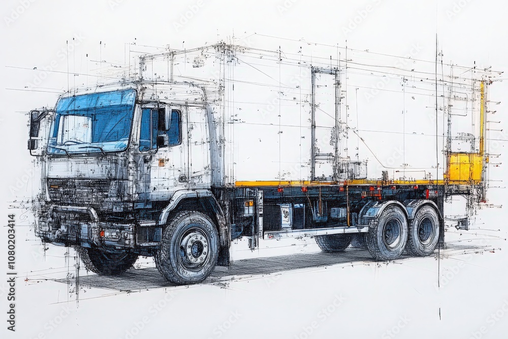 This technical sketch illustrates a delivery truck with precise dimensions and design elements, emphasizing its structure and functional aspects for transport operations.