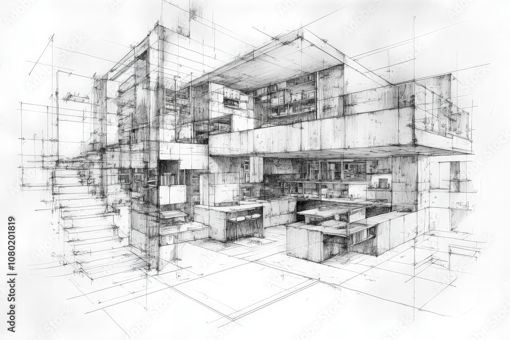 This technical sketch illustrates a detailed basement design featuring various structural elements, layout plans, and functional areas. The drawing emphasizes spatial arrangement and material use.