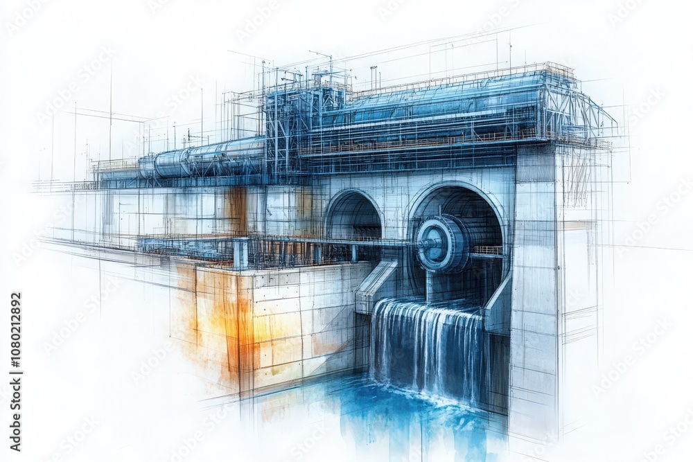 This technical sketch illustrates a detailed design of a hydroelectric dam, showcasing the water flow through turbines and structural elements, outlining its essential components for power generation.