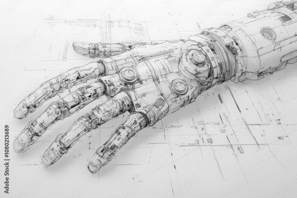 This technical sketch illustrates a detailed design of a robotic arm, highlighting its mechanical structure and functional elements. The drawing emphasizes precision and innovation in robotics.