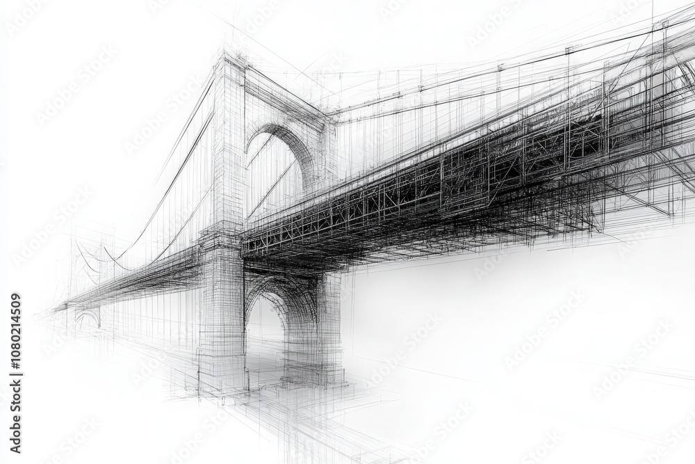 This technical sketch illustrates a detailed design of a suspension bridge with complex geometry and structural features. The lines and angles highlight engineering precision and planning.