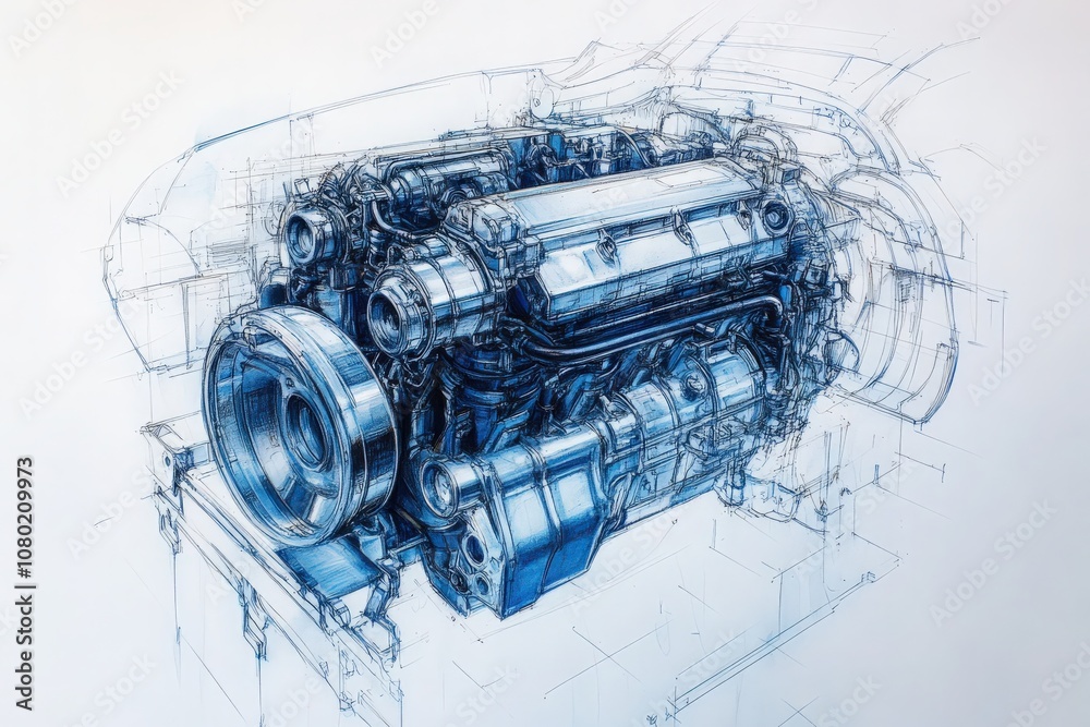 This technical sketch illustrates a detailed design of an automobile engine, showcasing its complex internal components and engineering features.