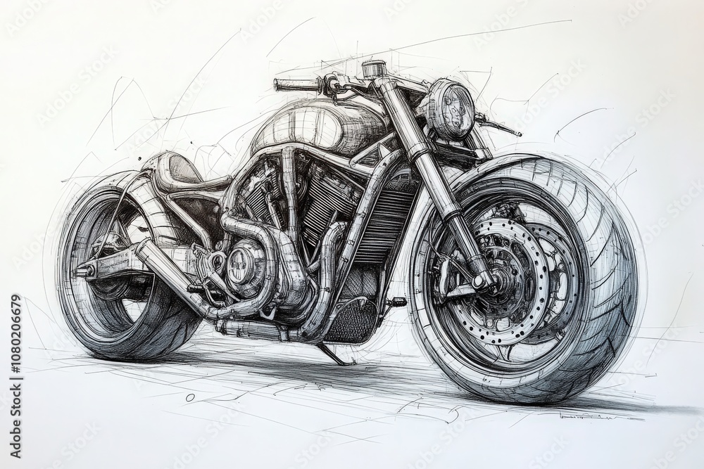 This technical sketch illustrates a detailed motorcycle design, highlighting its frame, wheels, and mechanical components. The drawing captures the essence of modern motorcycle engineering.