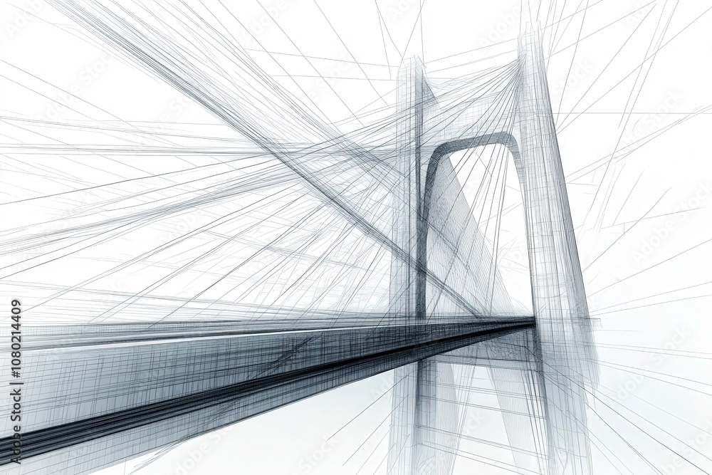 This technical sketch illustrates a detailed suspension bridge design, highlighting the complex arrangement of cables and supports.