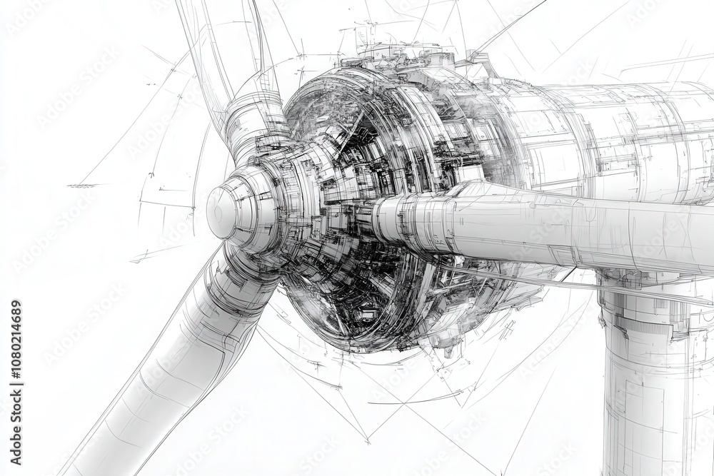 This technical sketch illustrates a detailed wind turbine design, focusing on the internal structures and mechanisms. The drawing emphasizes the complexity of the turbines operation.
