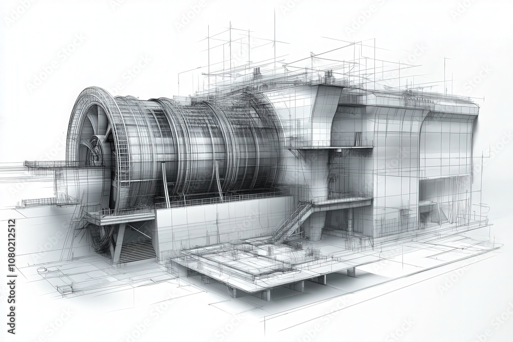 This technical sketch illustrates a hydroelectric dam design, showcasing the main turbine and structural components essential for generating electricity from water flow.