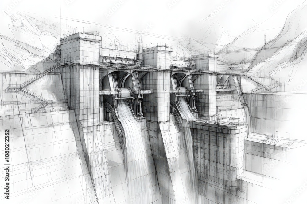 This technical sketch illustrates a hydroelectric dam, detailing its structural components and water flow system.