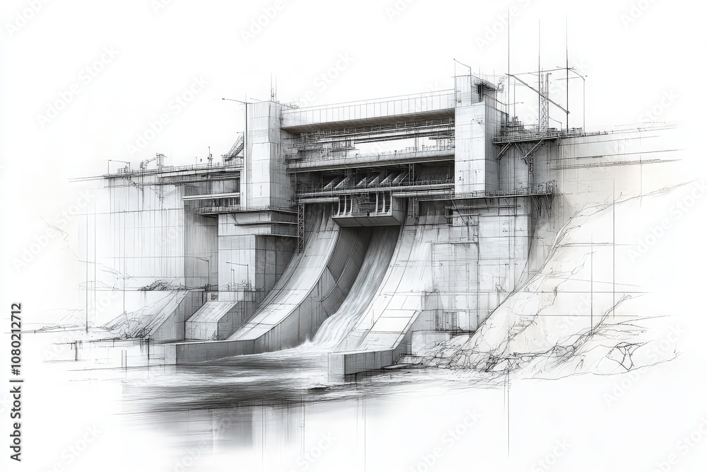 This technical sketch illustrates a hydroelectric dam, detailing its structure and the mechanisms for water flow management, essential for power generation.