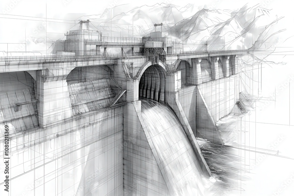 This technical sketch illustrates a hydroelectric dam, highlighting its structural components and water flow dynamics. The design emphasizes efficiency and energy production in a mountainous setting.