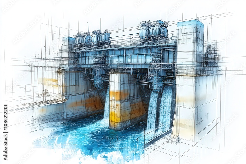 This technical sketch illustrates a hydroelectric dam, highlighting its structure, water flow mechanisms, and generator placements, emphasizing the engineering and design aspects involved.