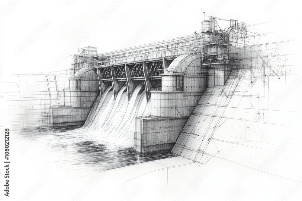 This technical sketch illustrates a hydroelectric dam, showcasing its engineering design, structural components, and water flow mechanisms, highlighting its role in renewable energy generation.