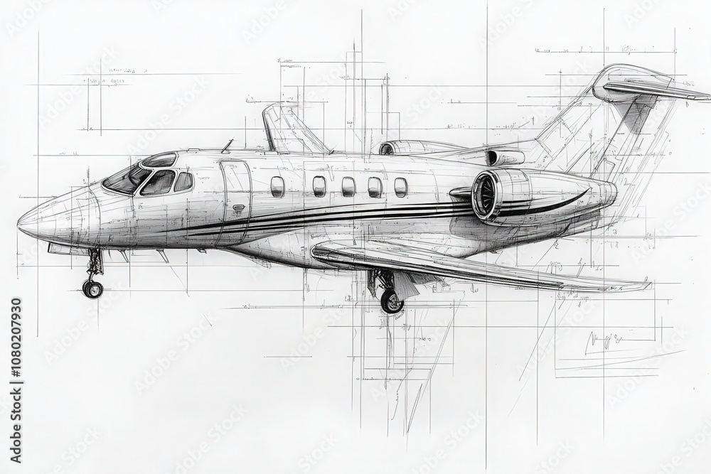 This technical sketch illustrates a meticulously detailed design of a private jet, showcasing various engineering features, dimensions, and the overall sleek structure intended for luxury aviation.