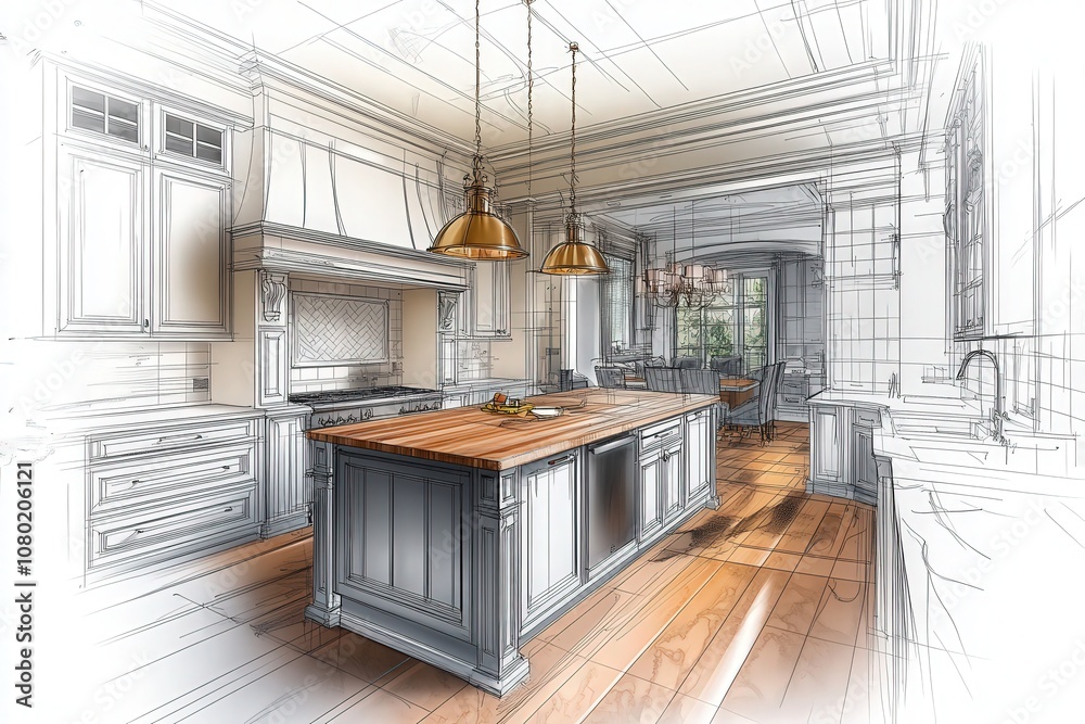 This technical sketch illustrates a modern kitchen layout featuring an island centerpiece, elegant cabinetry, and prominent pendant lighting.