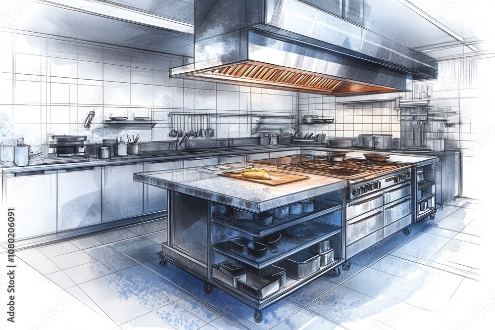 This technical sketch illustrates a modern kitchen layout, showcasing cooking appliances, countertops, and storage solutions. It highlights detailed design elements for functional culinary spaces.