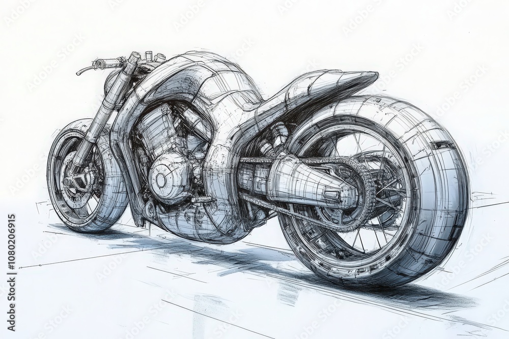 This technical sketch illustrates a modern motorcycle design, showcasing its innovative features, streamlined body, and unique structural elements.
