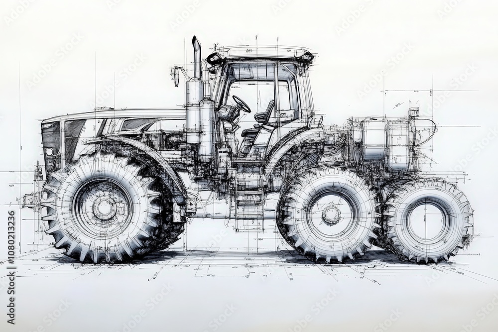 This technical sketch illustrates a modern tractor in profile, highlighting its intricate design elements and engineering specifications, ideal for agricultural machinery enthusiasts and designers.