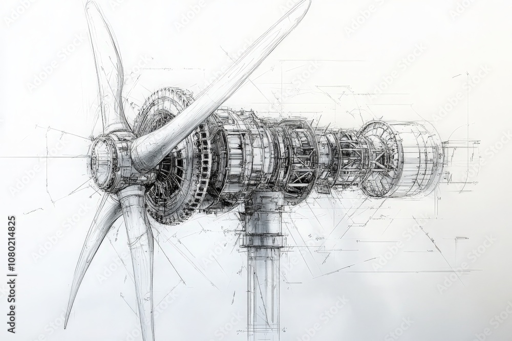 This technical sketch illustrates a modern wind turbine, featuring detailed components like blades and rotor, emphasizing its engineering design and structure for energy generation.