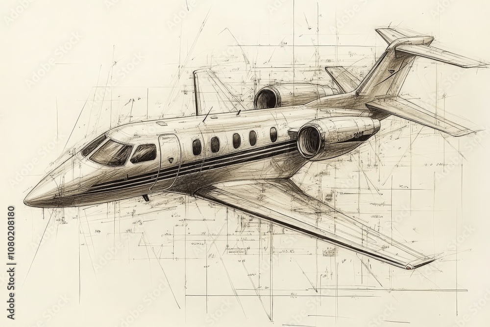 This technical sketch illustrates a private jet design, showcasing various dimensions, features, and engineering details. The lines and annotations provide a comprehensive overview of the aircraft.