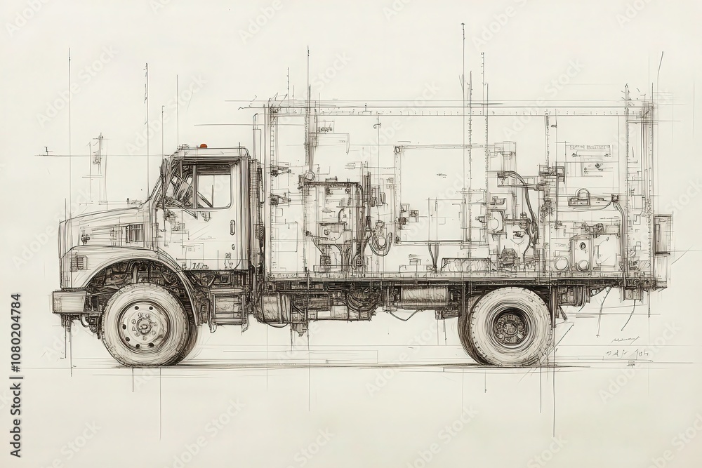This technical sketch illustrates a side view of a delivery truck, detailing engineering components and design specifications.
