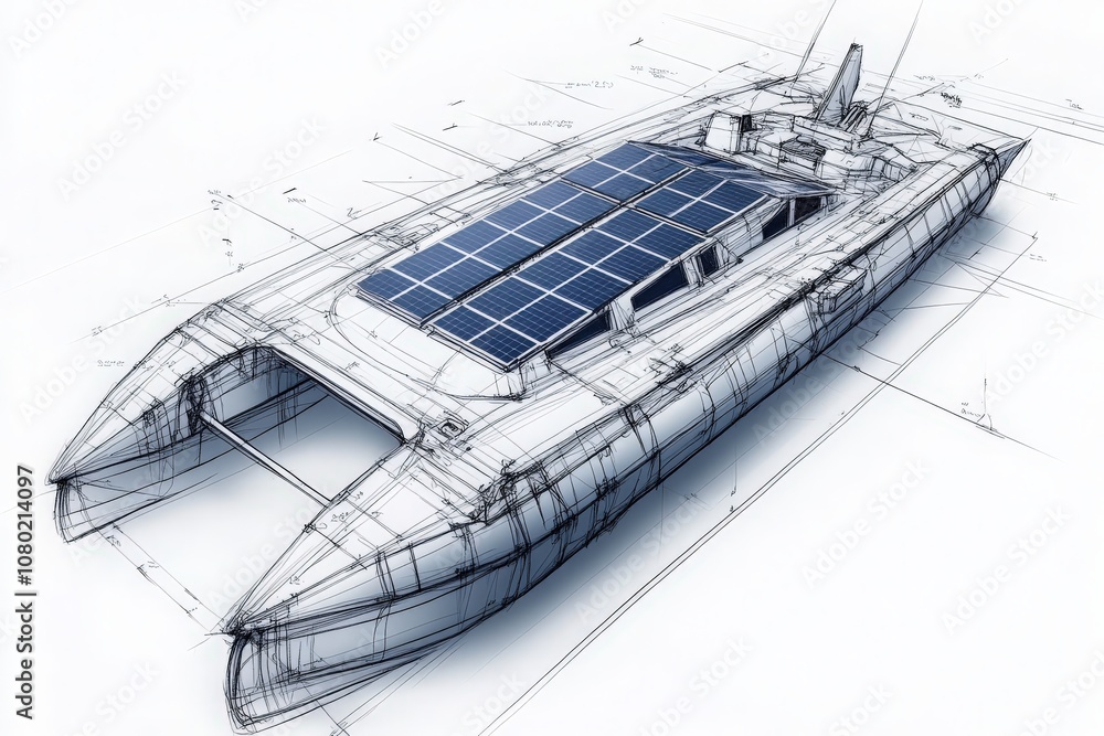 This technical sketch illustrates a solar-powered catamaran, highlighting the arrangement of solar panels and hull structure. The design emphasizes energy efficiency and modern aesthetics.