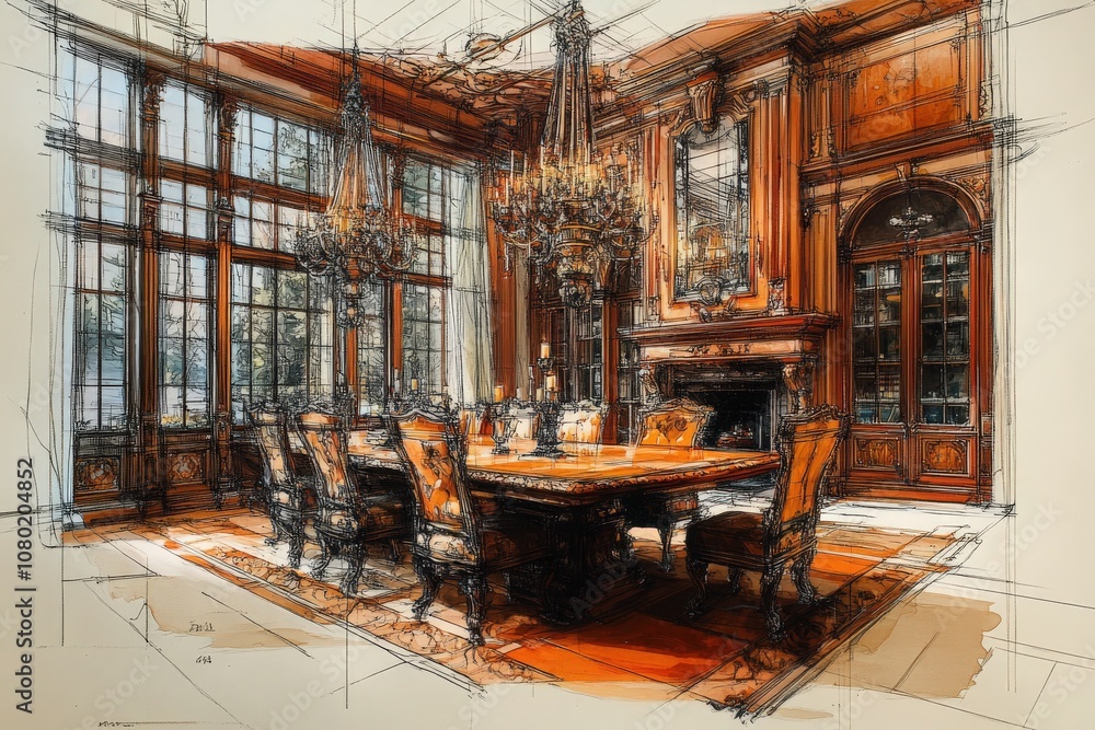 This technical sketch illustrates a sophisticated dining room with large windows, ornate chandeliers, and a beautifully crafted table surrounded by detailed chairs.