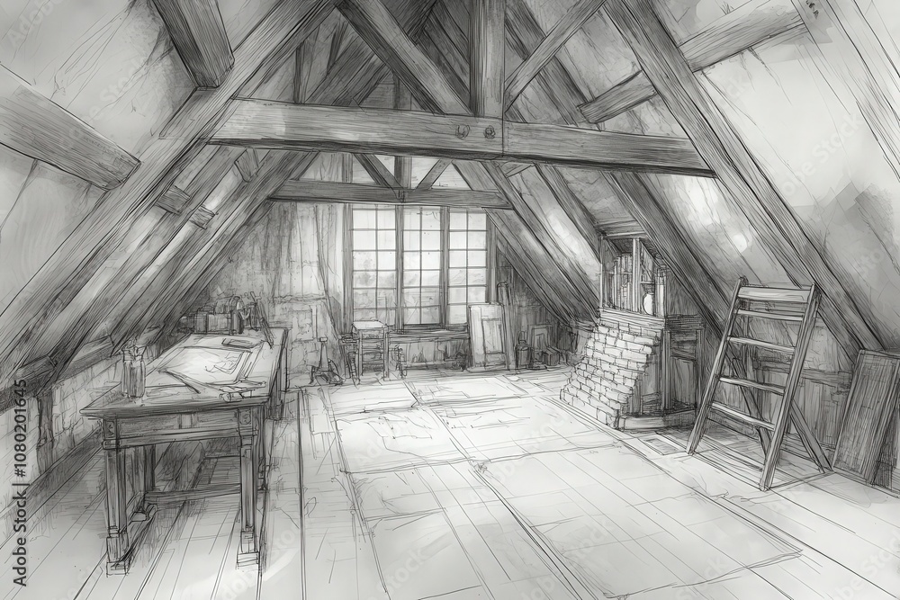 This technical sketch illustrates a spacious attic featuring exposed wooden beams, a large window, and a worktable. The design captures the essence of a cozy, rustic living space.