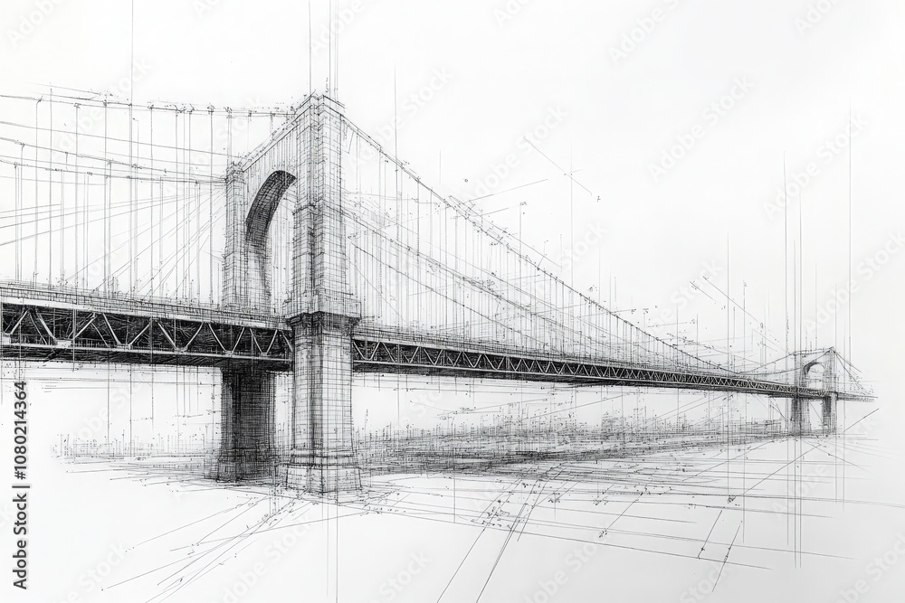This technical sketch illustrates a suspension bridge design, highlighting its architectural framework and structural elements.