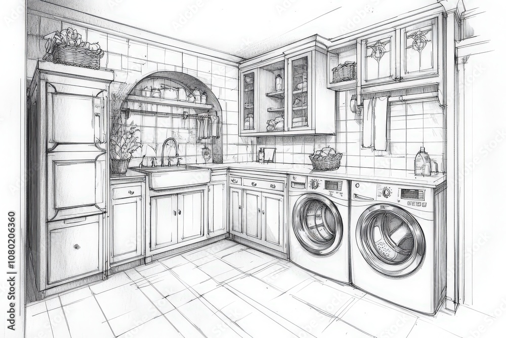This technical sketch illustrates a well-designed laundry room featuring space-efficient cabinetry, a utility sink, and modern washing machines. The layout maximizes storage and utility.