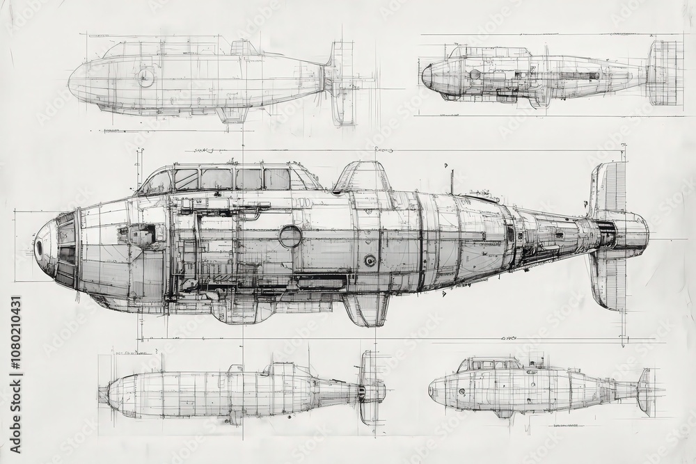 This technical sketch illustrates the design of a deep-sea submersible, showcasing various angles and dimensions vital for underwater exploration and research in oceanic environments.
