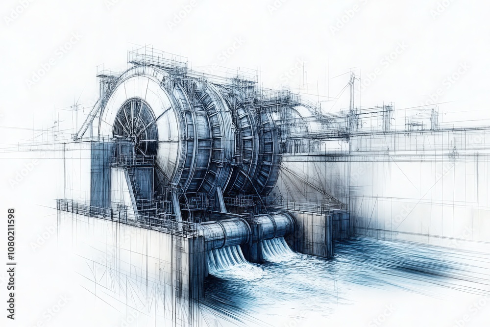 This technical sketch illustrates the design of a hydroelectric dam, featuring detailed representations of turbines, water flow mechanisms, and structural elements essential for energy production.