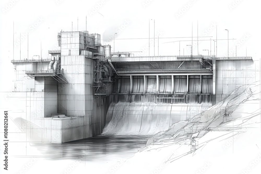 This technical sketch illustrates the design of a hydroelectric dam, highlighting its structural components, water flow mechanisms, and energy generation capabilities.