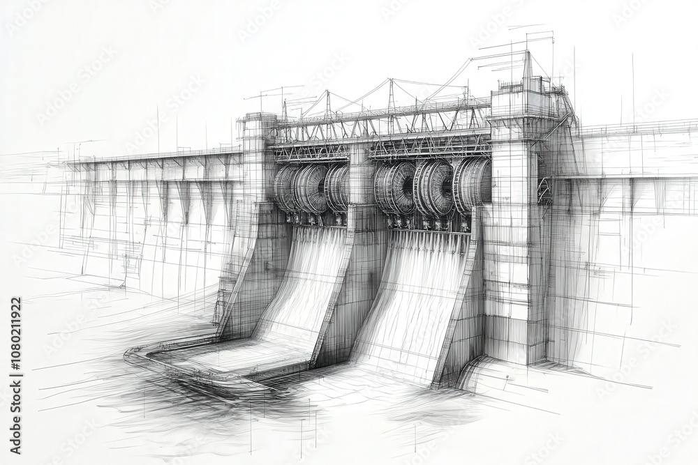 This technical sketch illustrates the design of a hydroelectric dam, highlighting its structural features, water flow systems, and engineering elements used for power generation.