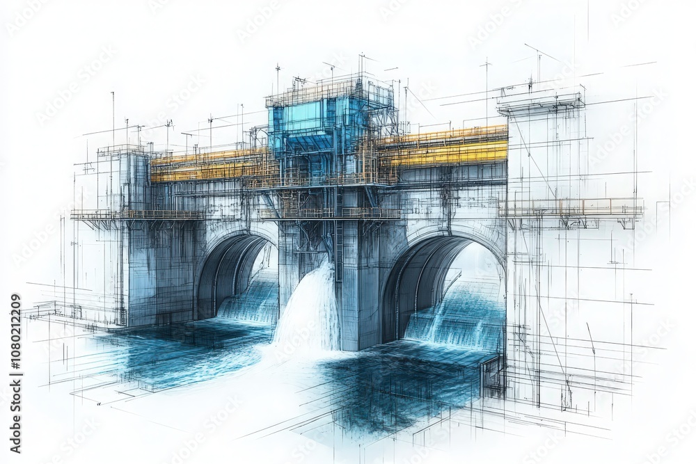 This technical sketch illustrates the design of a hydroelectric dam, highlighting water flow through the gates, structural elements, and engineering features, emphasizing its functionality and design.