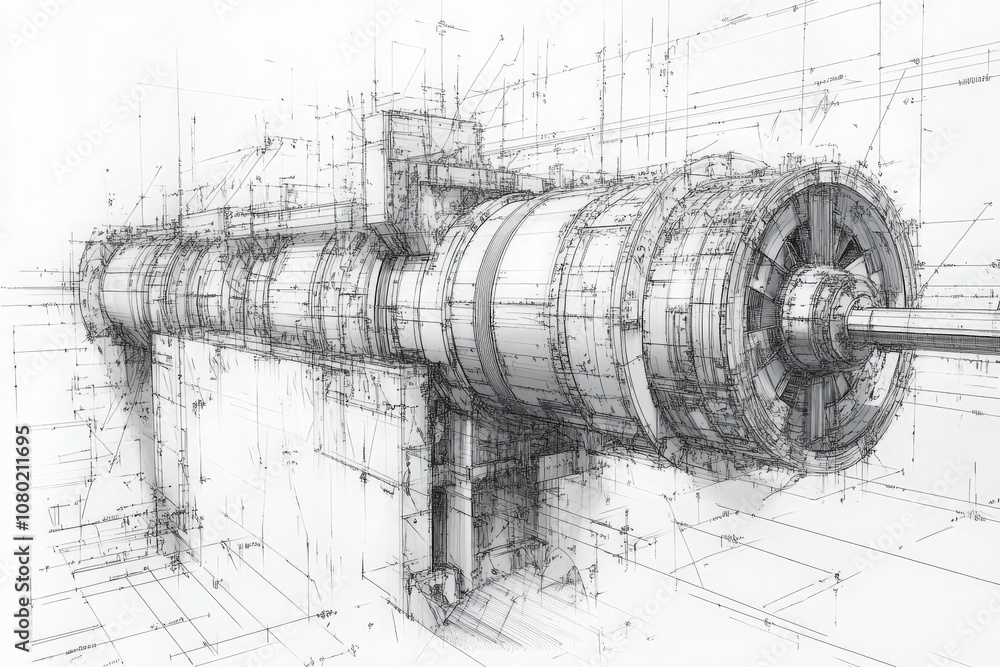 This technical sketch illustrates the design of a hydroelectric dam turbine, showcasing detailed engineering elements, dimensions, and structures essential for hydroelectric energy generation.