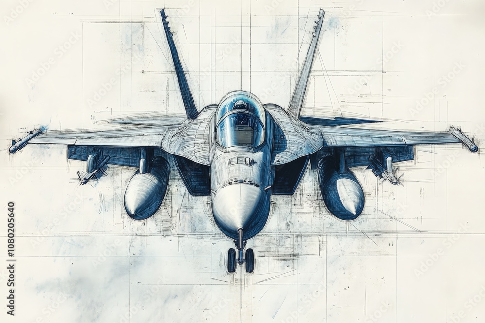 This technical sketch illustrates the intricate design of a jet fighter, highlighting its detailed features, aerodynamic shape, and component layout, conveying advanced aerospace engineering.