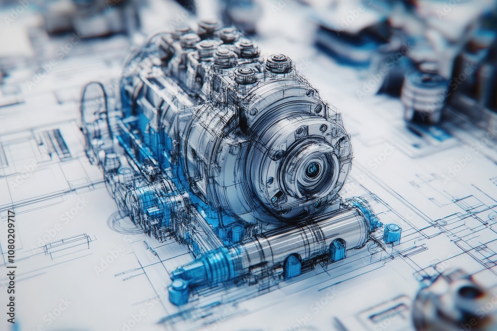 This technical sketch outlines a car engine design, showcasing intricate mechanical components and precise engineering details on a blueprint layout. It highlights both functionality and design.