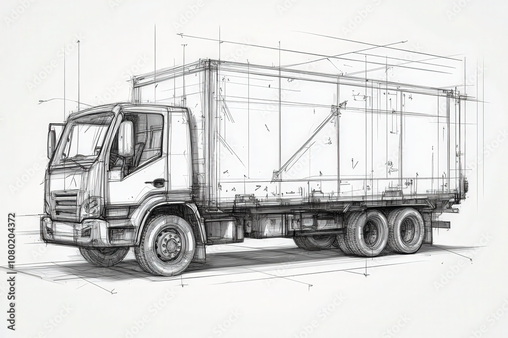 This technical sketch outlines a delivery truck, showcasing its design, proportions, and architectural features with a focus on dimensions and structural elements.