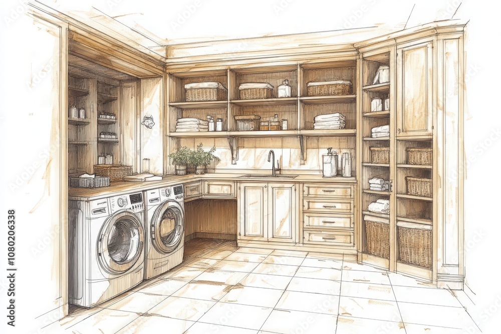 This technical sketch outlines a laundry room design, showcasing washer and dryer units, ample storage shelves, and a utility sink. It emphasizes organization and efficient use of space.