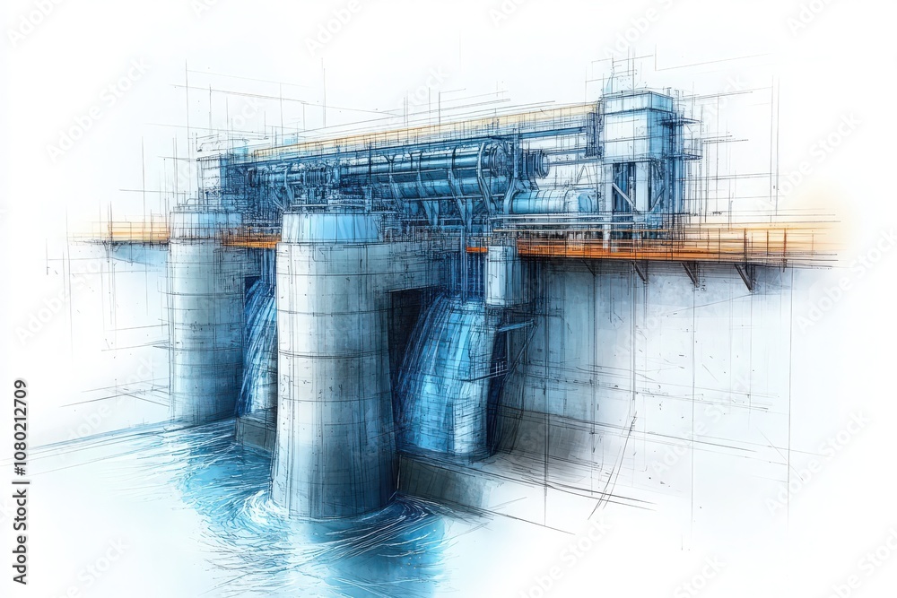 This technical sketch outlines the design of a hydroelectric dam, illustrating its structure, water flow dynamics, and energy generation mechanisms.