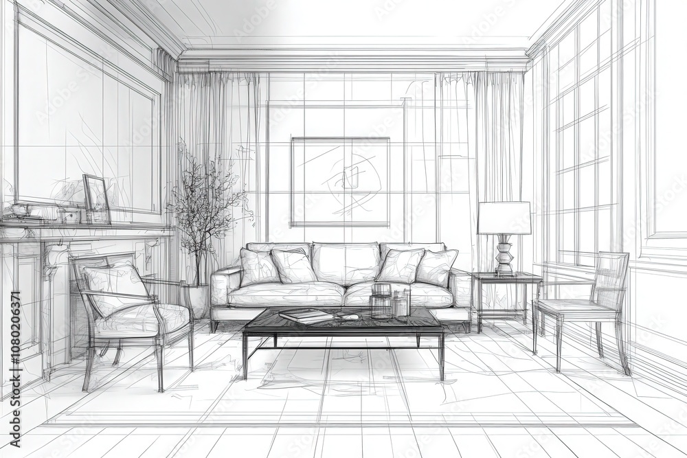 This technical sketch presents a contemporary living room design, showcasing seating arrangement, a coffee table, lamps, and decorative elements for an inviting space.